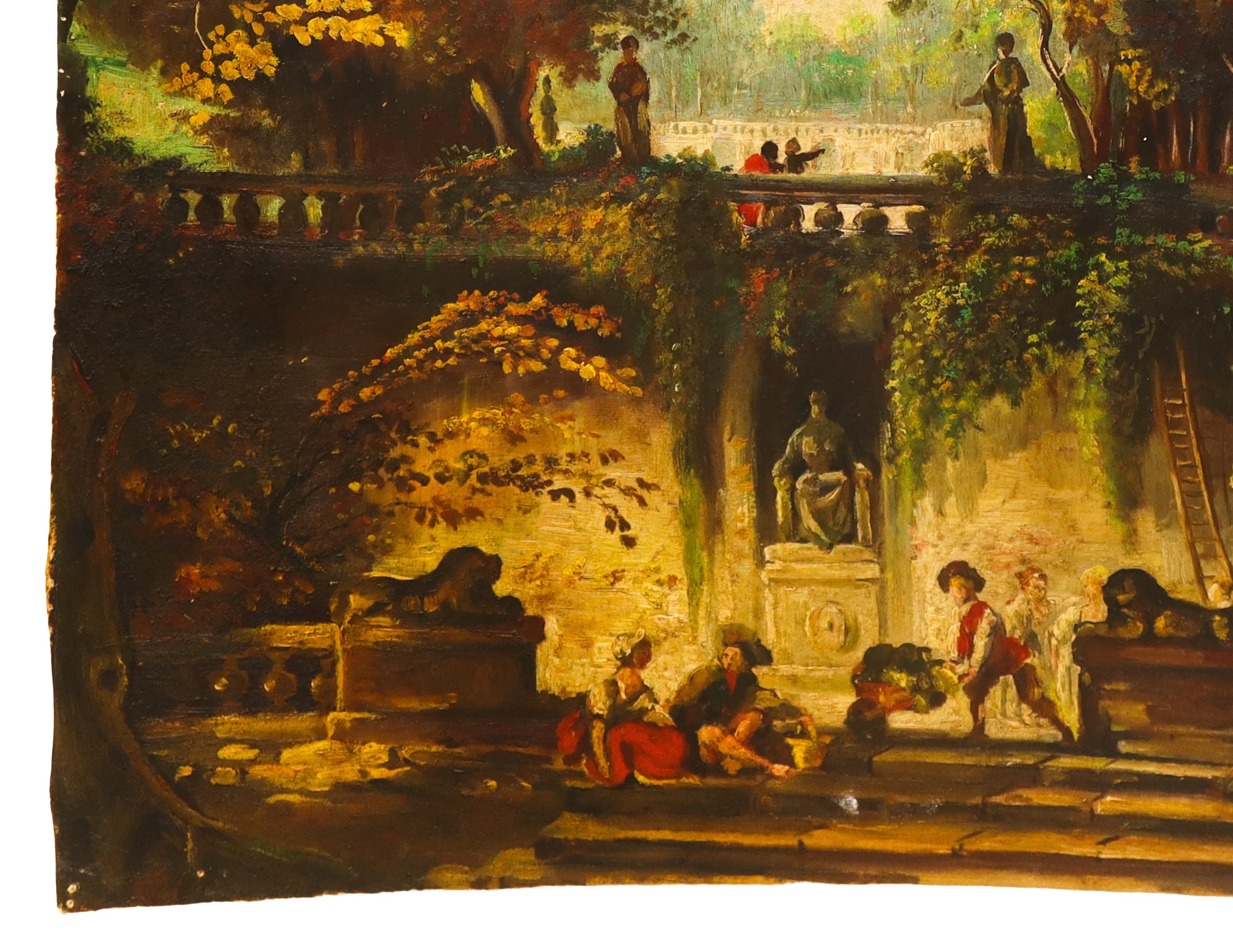 Scena idilliaca in un giardino con personaggi, pannello in legno