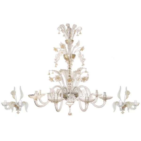 Lampadario e due appliques in vetro di Murano