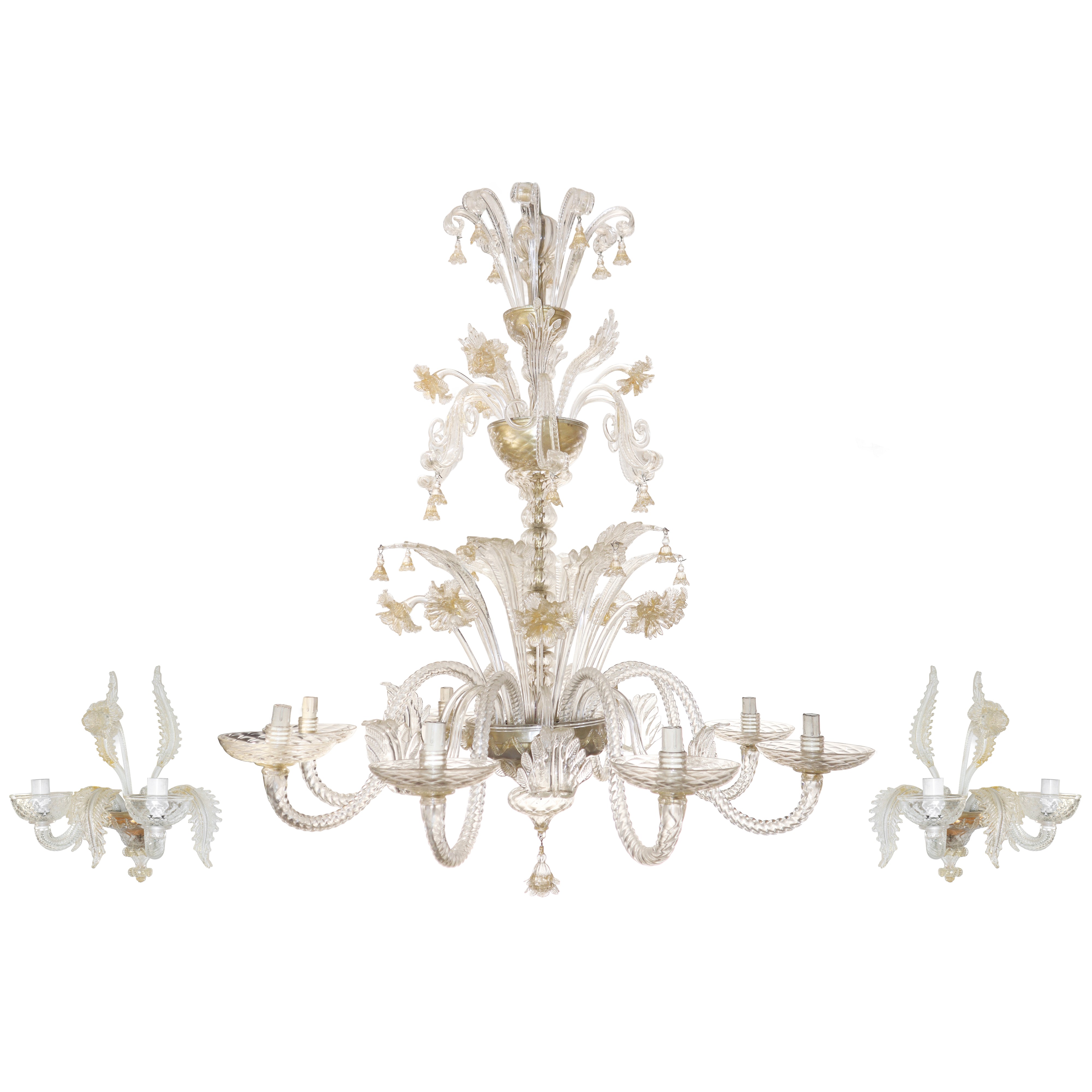 Lampadario e due appliques in vetro di Murano