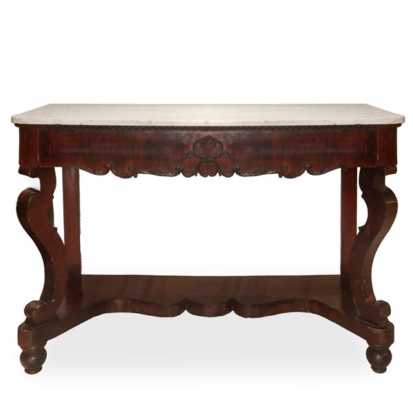 Consolle in legno di mogano con marmo bianco al piano