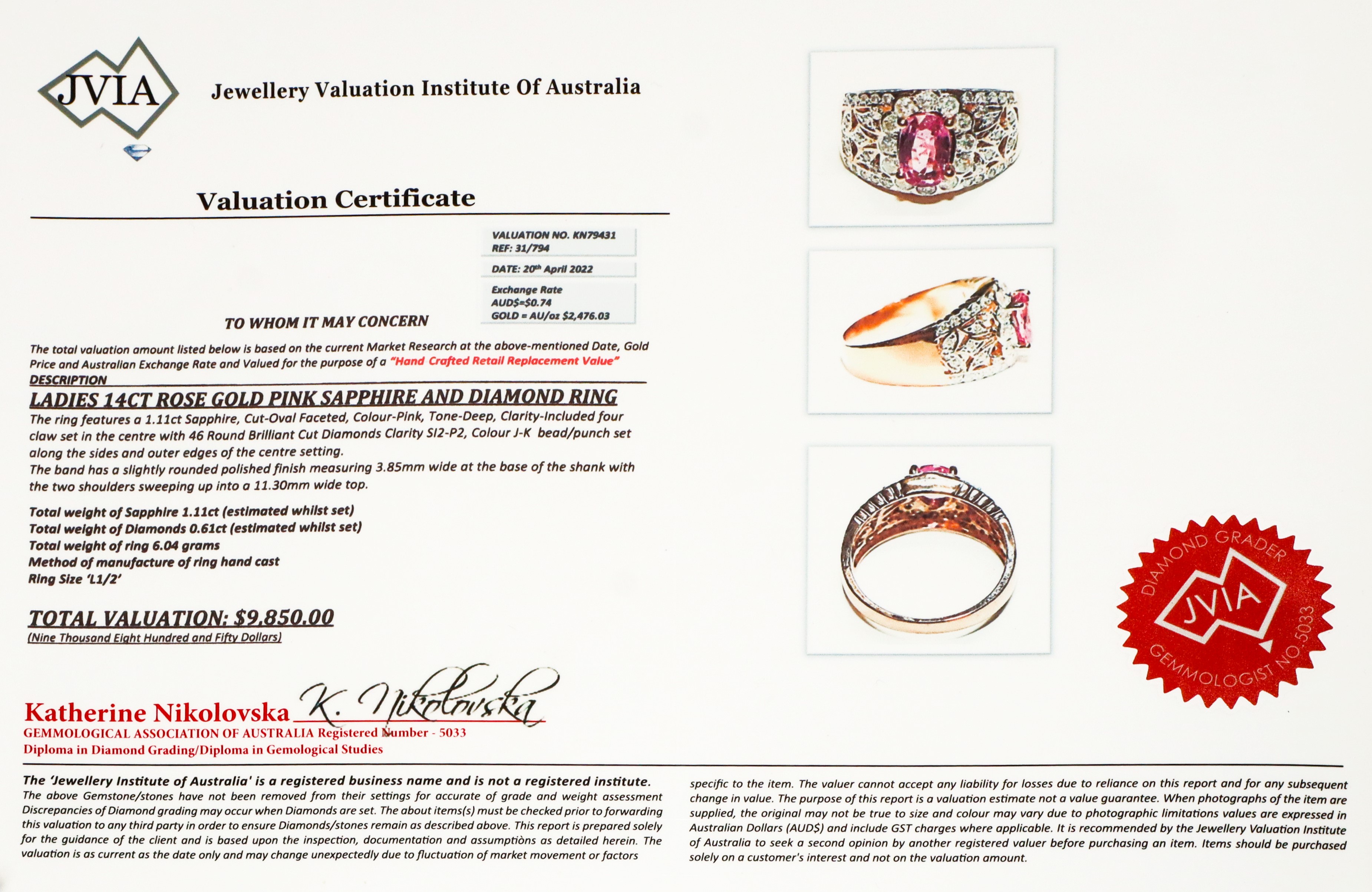 Anello a fascia in oro rosa 14 kt con zaffiro rosa e diamanti