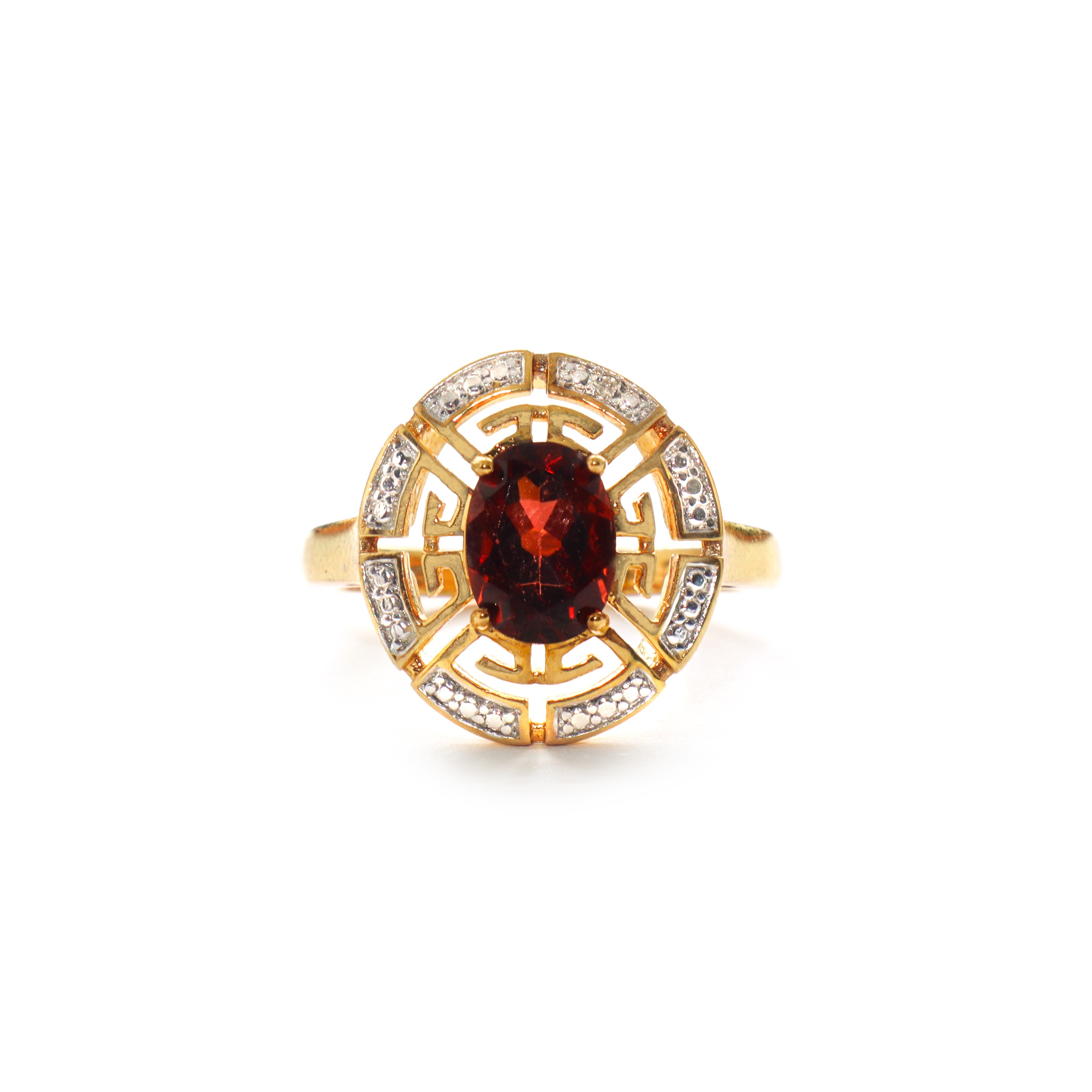 Anello in argento 925 placcato in oro 14 kt con granato centrale e diamanti