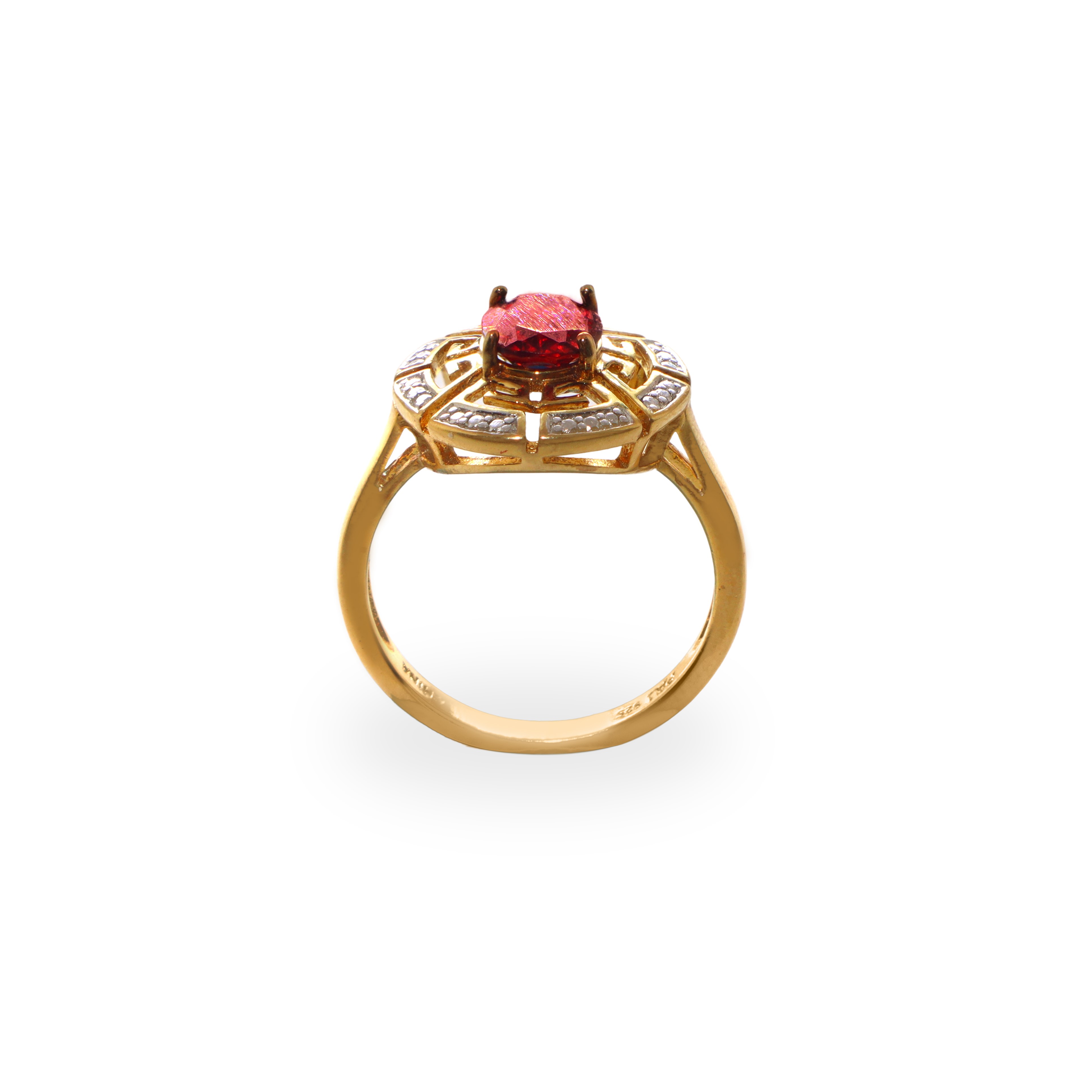 Anello in argento 925 placcato in oro 14 kt con granato centrale e diamanti