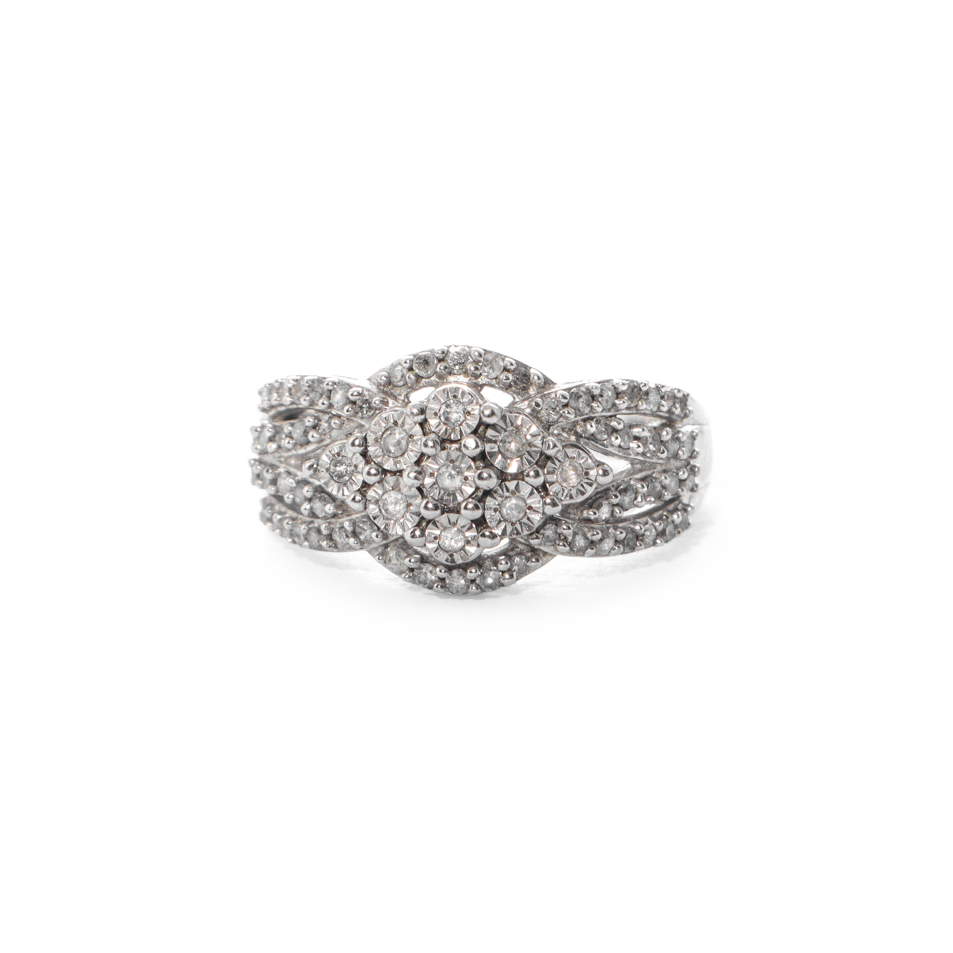 Anello a fascia intrecciata in argento 925 con diamanti naturali, misura 7,5, peso 5,243 g, carat...
