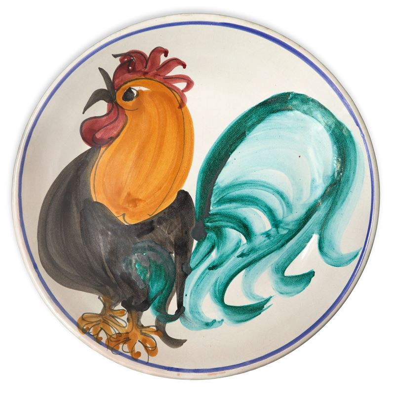 Piatto da muro in maiolica di Caltagirone con raffigurazione di gallo