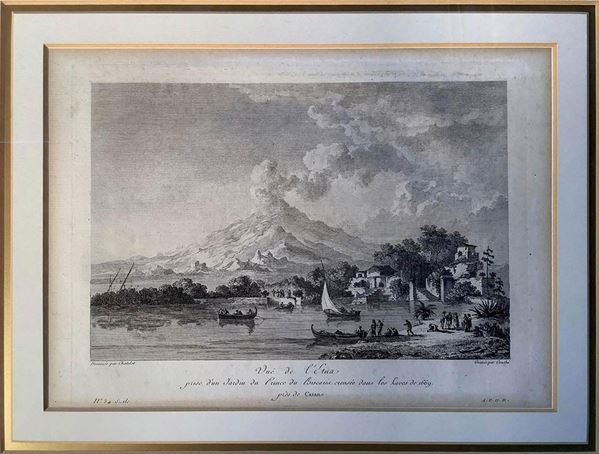 Incisione raffigurante Vue de l’Etna, tratta da Voyage Pittoresque ou description des Royaumes de Naples et de Sicilie, Saint-Non. Prima edizione 1785. A.P.D.R. N° 34 Sicilie. In bella cornice di radica. Cm 20x28