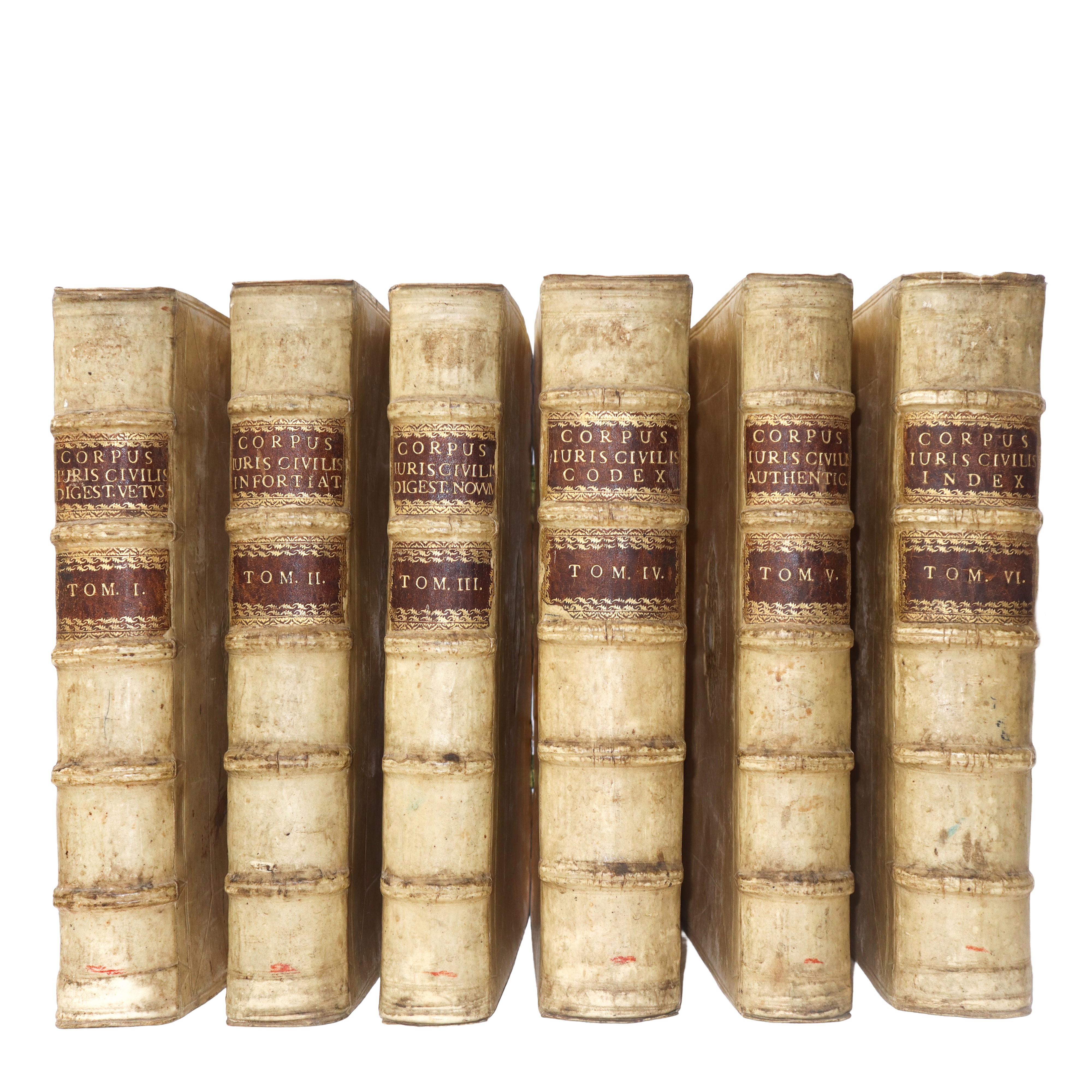 Corpus Iuris Civilis, N° 6 volumi rilegati in pergamena con dorso in oro (Ginevra 1625)