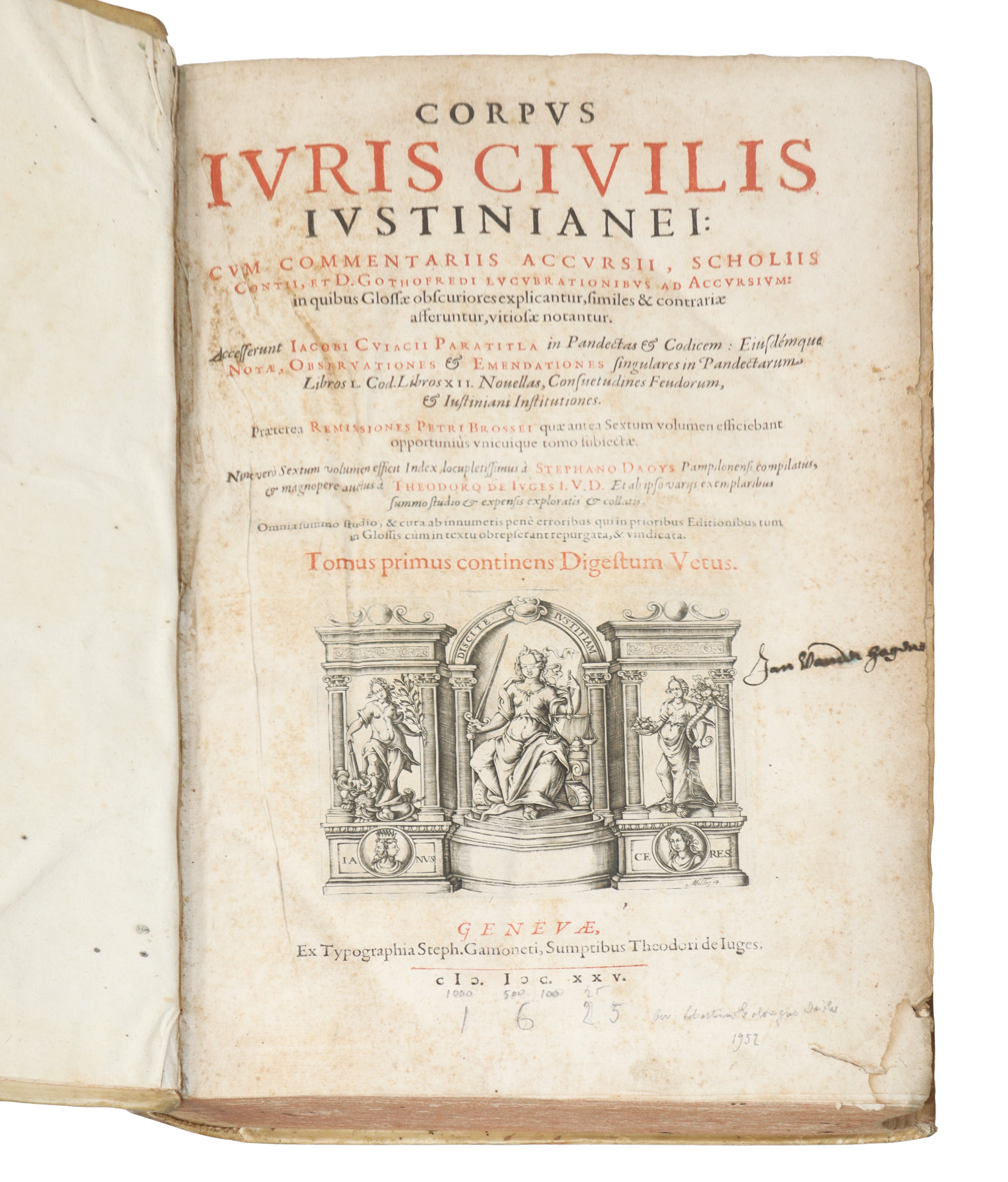 Corpus Iuris Civilis, N° 6 volumi rilegati in pergamena con dorso in oro (Ginevra 1625)