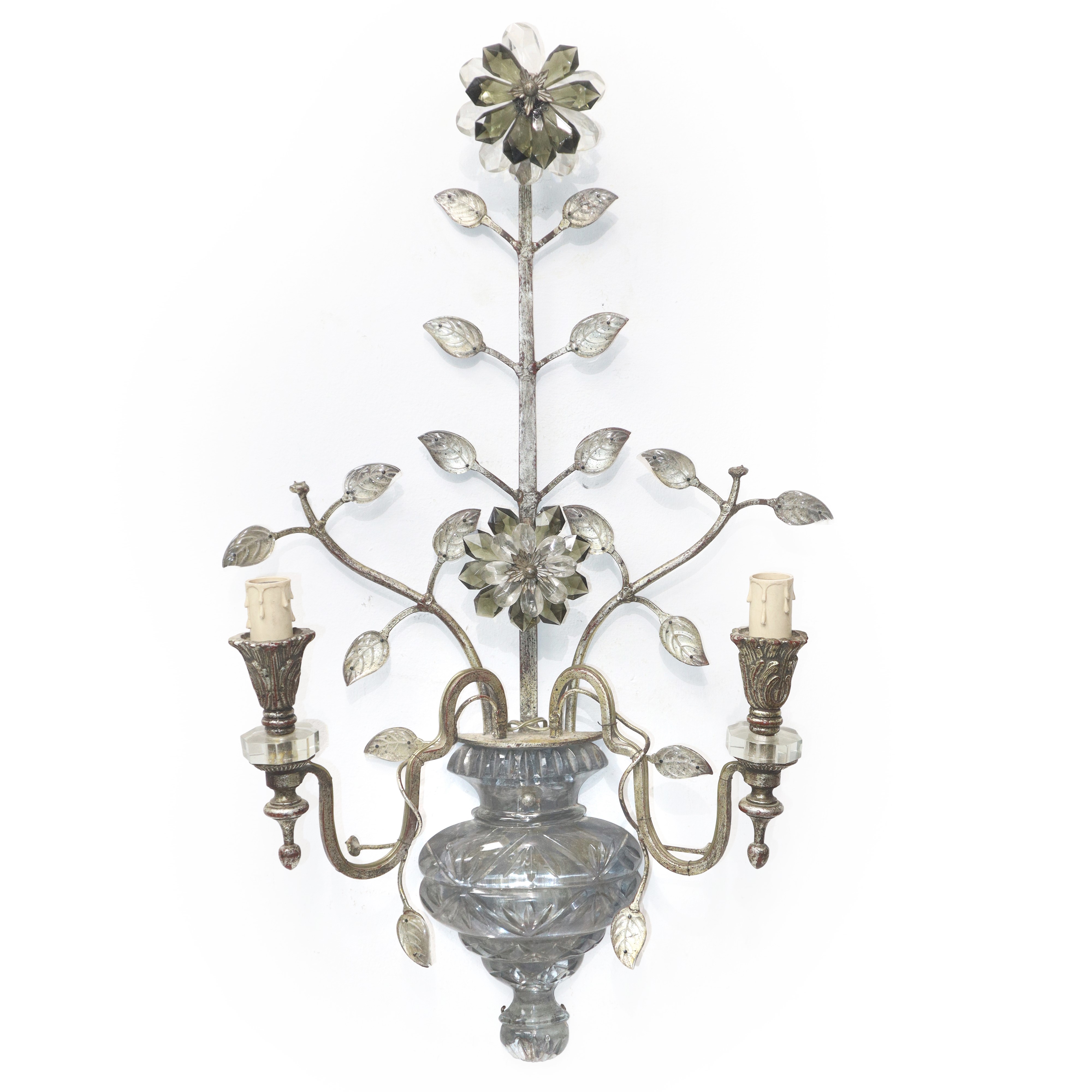 Applique due luci con decori floreali in vetro e metallo