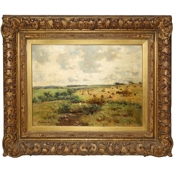 Rural landscape with wagon and hay harvest