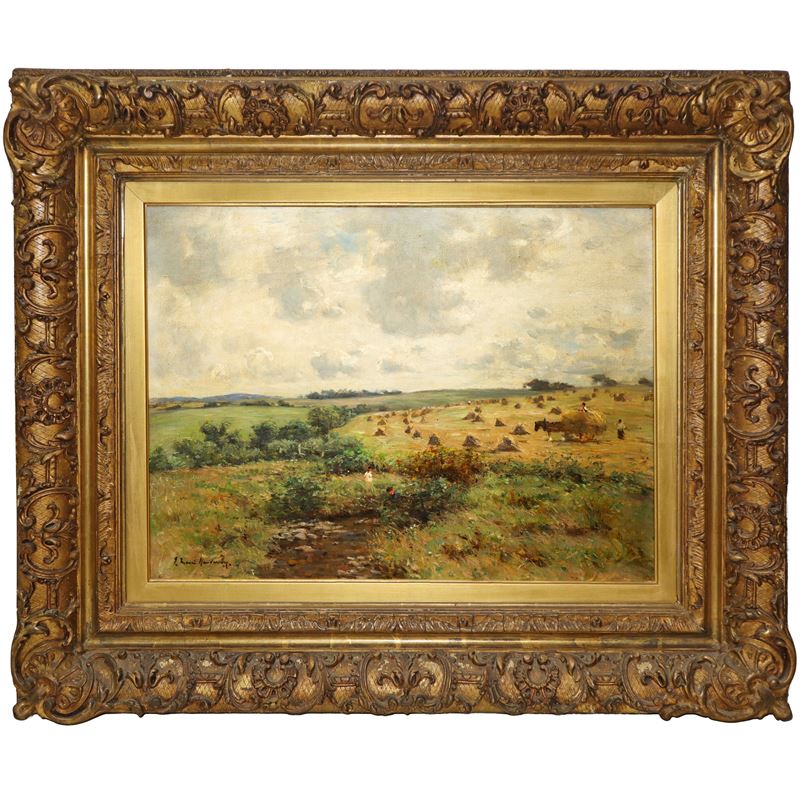 Paesaggio agreste con carro e raccolta del fieno