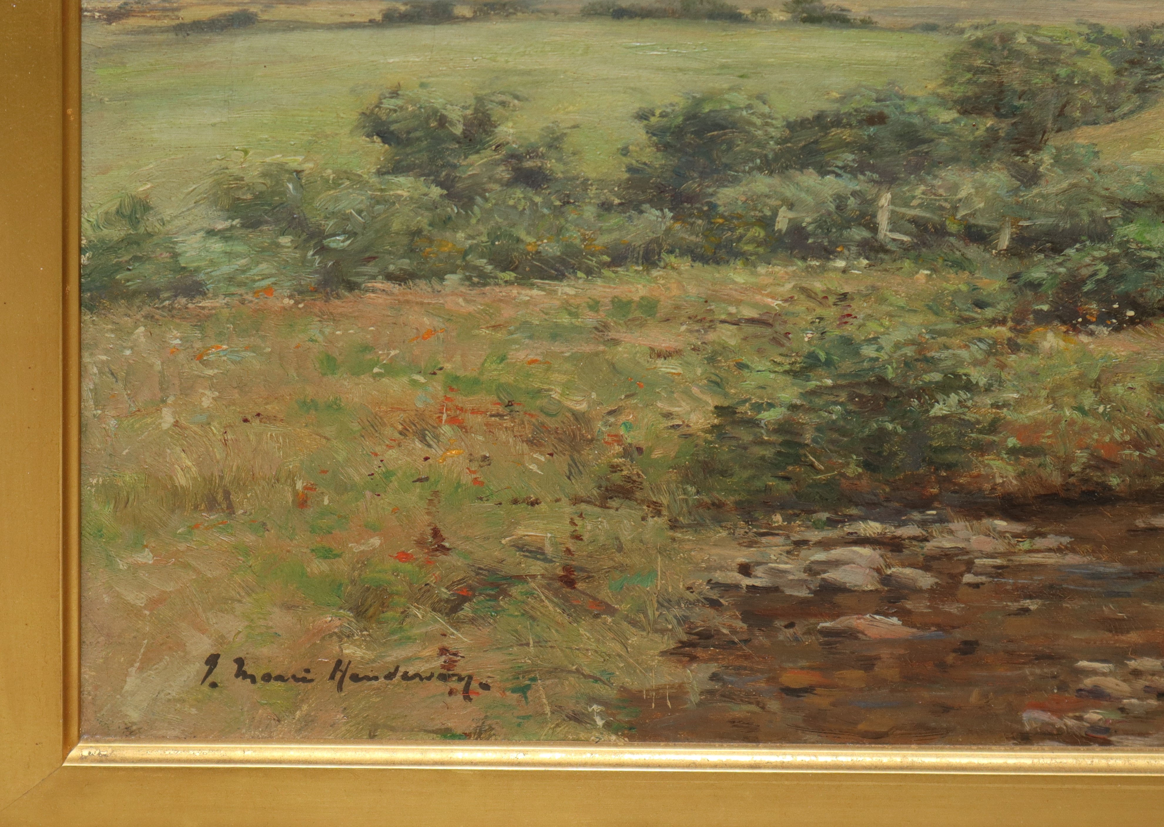 Paesaggio agreste con carro e raccolta del fieno