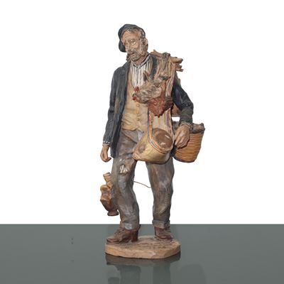 Personaggio Popolare con Bummulo e Galline, Figurina in Maiolica di Caltagirone