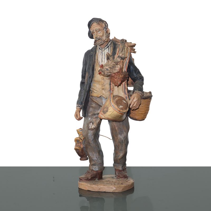 Gaetano Romano - Personaggio Popolare con Bummulo e Galline, Figurina in Maiolica di Caltagirone