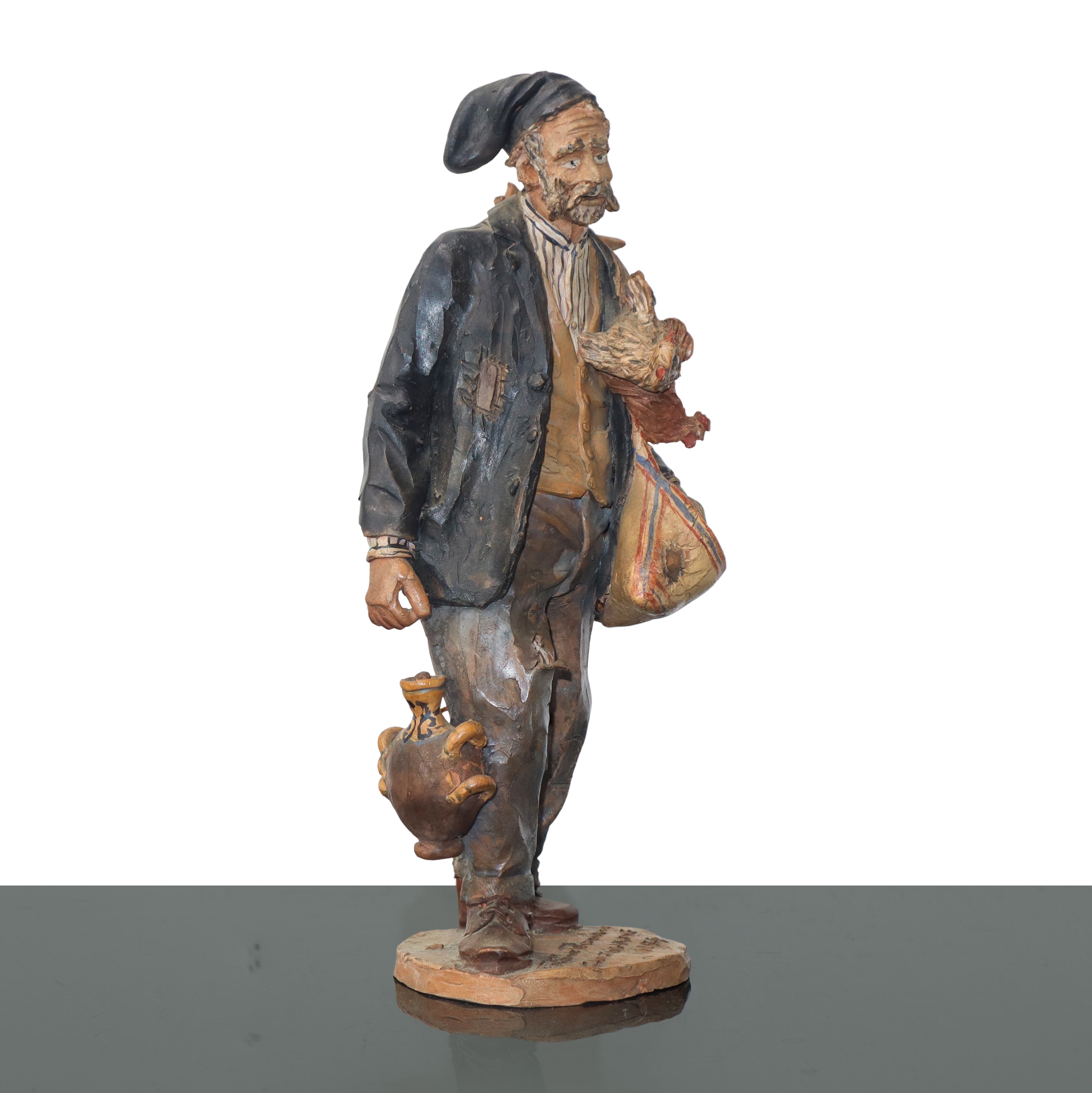 Gaetano Romano - Personaggio Popolare con Bummulo e Galline, Figurina in Maiolica di Caltagirone