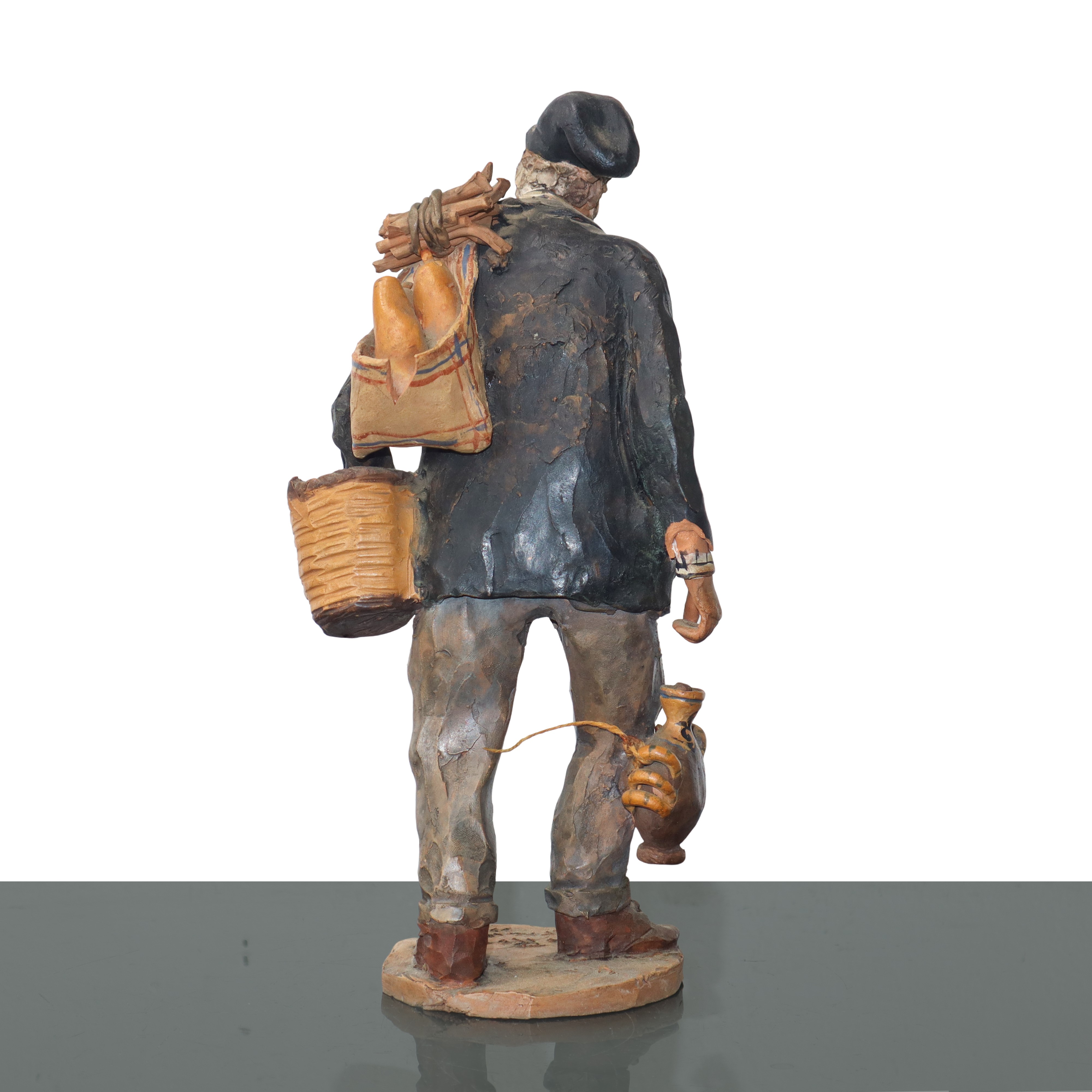 Gaetano Romano - Personaggio Popolare con Bummulo e Galline, Figurina in Maiolica di Caltagirone