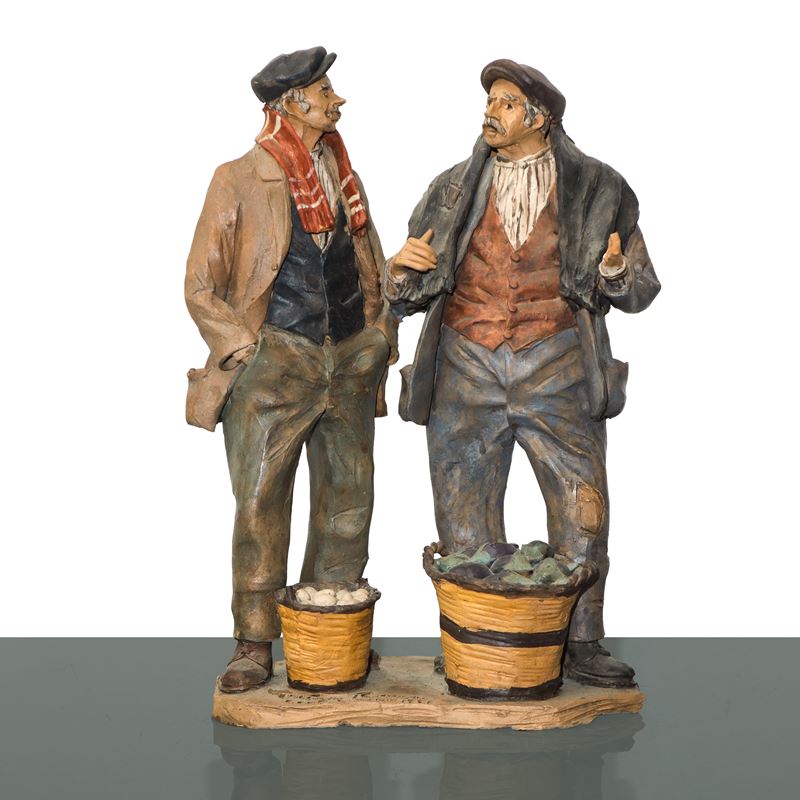 Gaetano Romano - Contadini, Coppia di Figurine in Maiolica di Caltagirone
