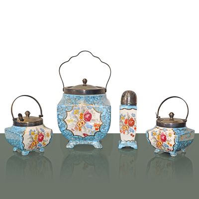 Alice Blue, Set vintage da te in porcellana azzurra con decori floreali, composto da biscottiera,...