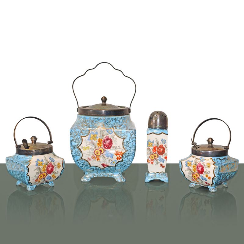 Alice Blue England - Set da tè in porcellana azzurra con decori floreali (biscottiera, zuccherier...
