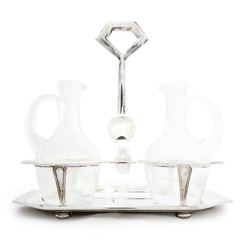 Oliera in argento 925 con ampolle per olio e aceto in vetro