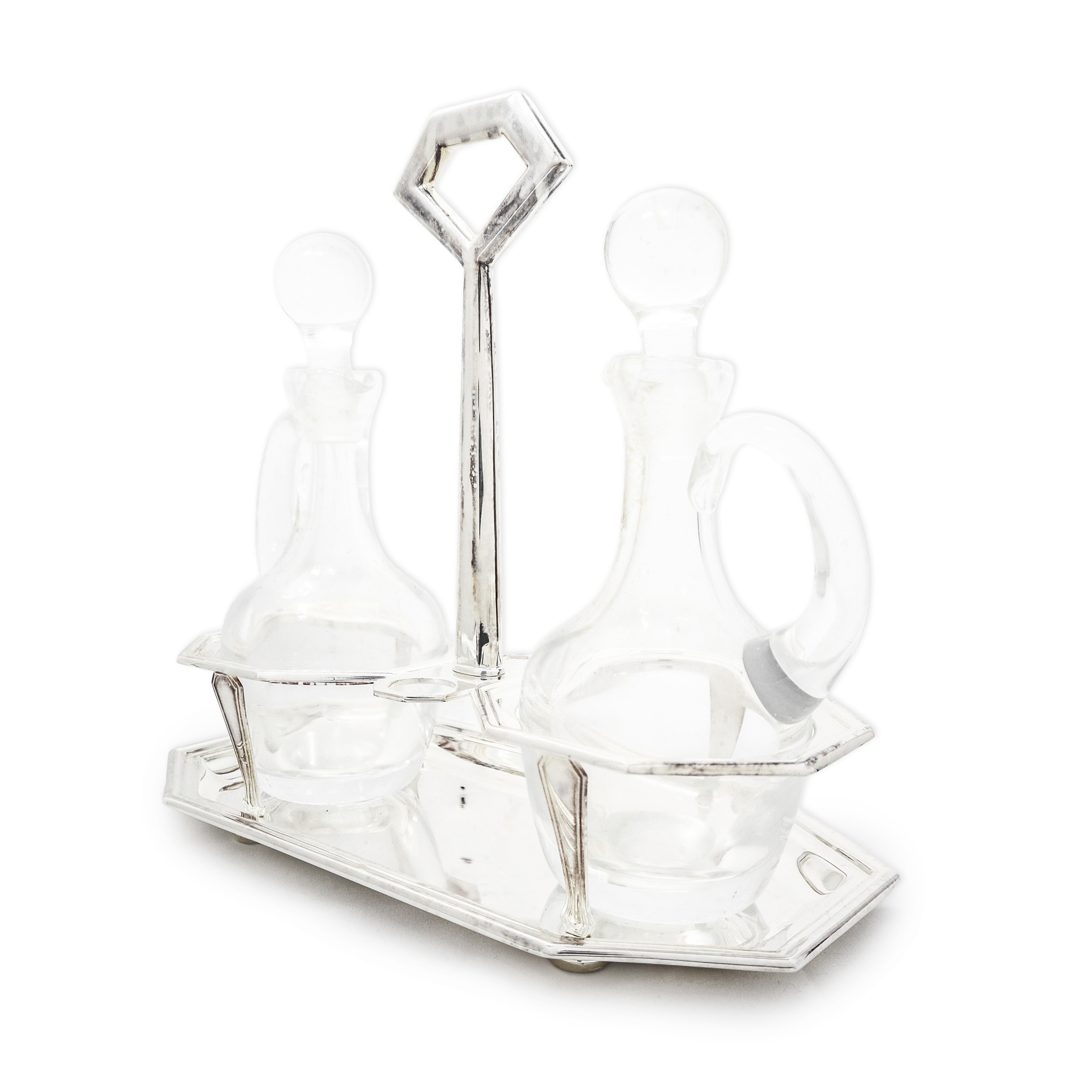 Oliera in argento 925 con ampolle per olio e aceto in vetro