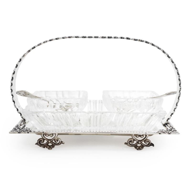 Sale e pepe in argento 800 a cestino con interno in vetro