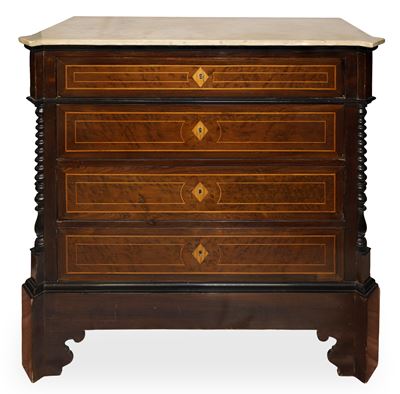 Cassettone siciliano del XIX secolo, quattro cassetti con piano in marmo bianco e colonne torchon