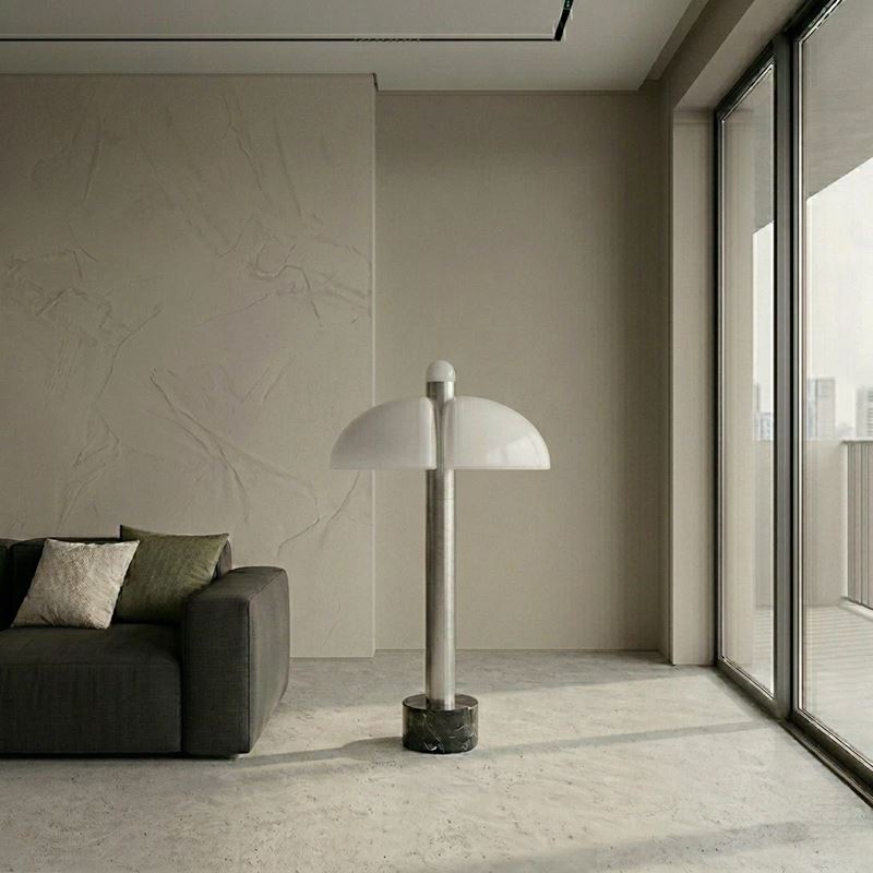 Piantana Farfalla da terra con tronco in acciaio, base in marmo e lampade in perspex bianco