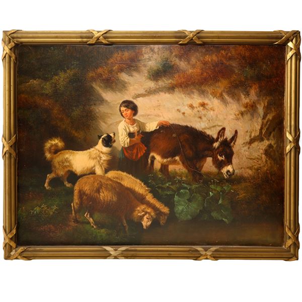 Antonio Milone - Young peasant woman with donkey, sheep and dog