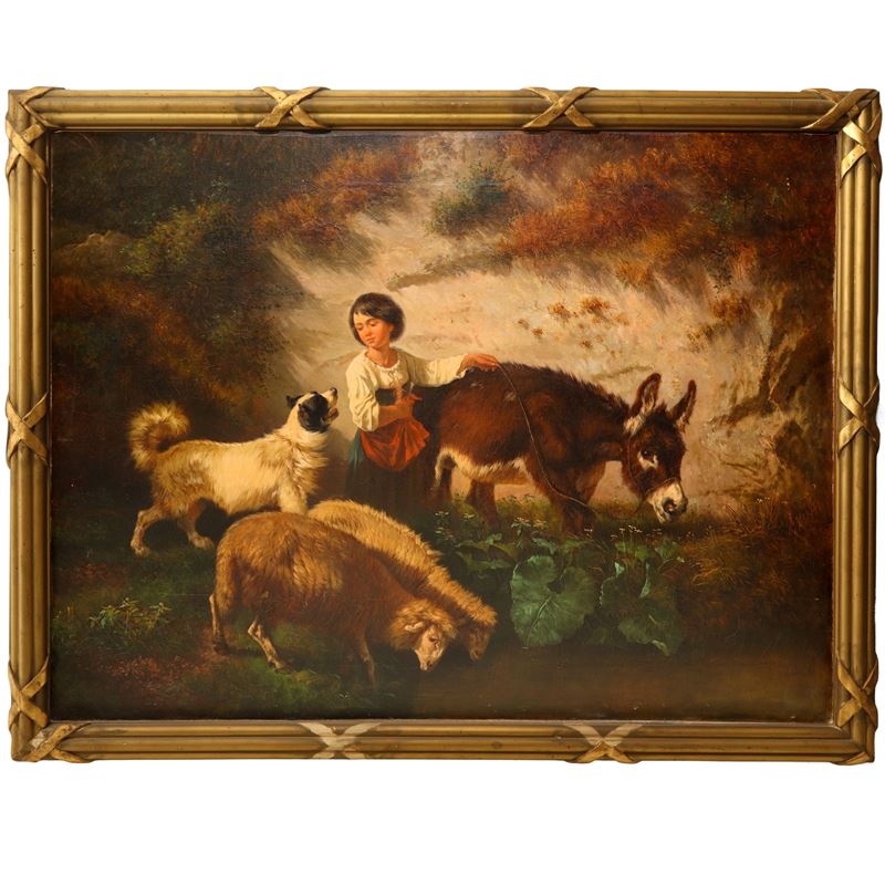 Giovane contadina con asino, pecore e cane