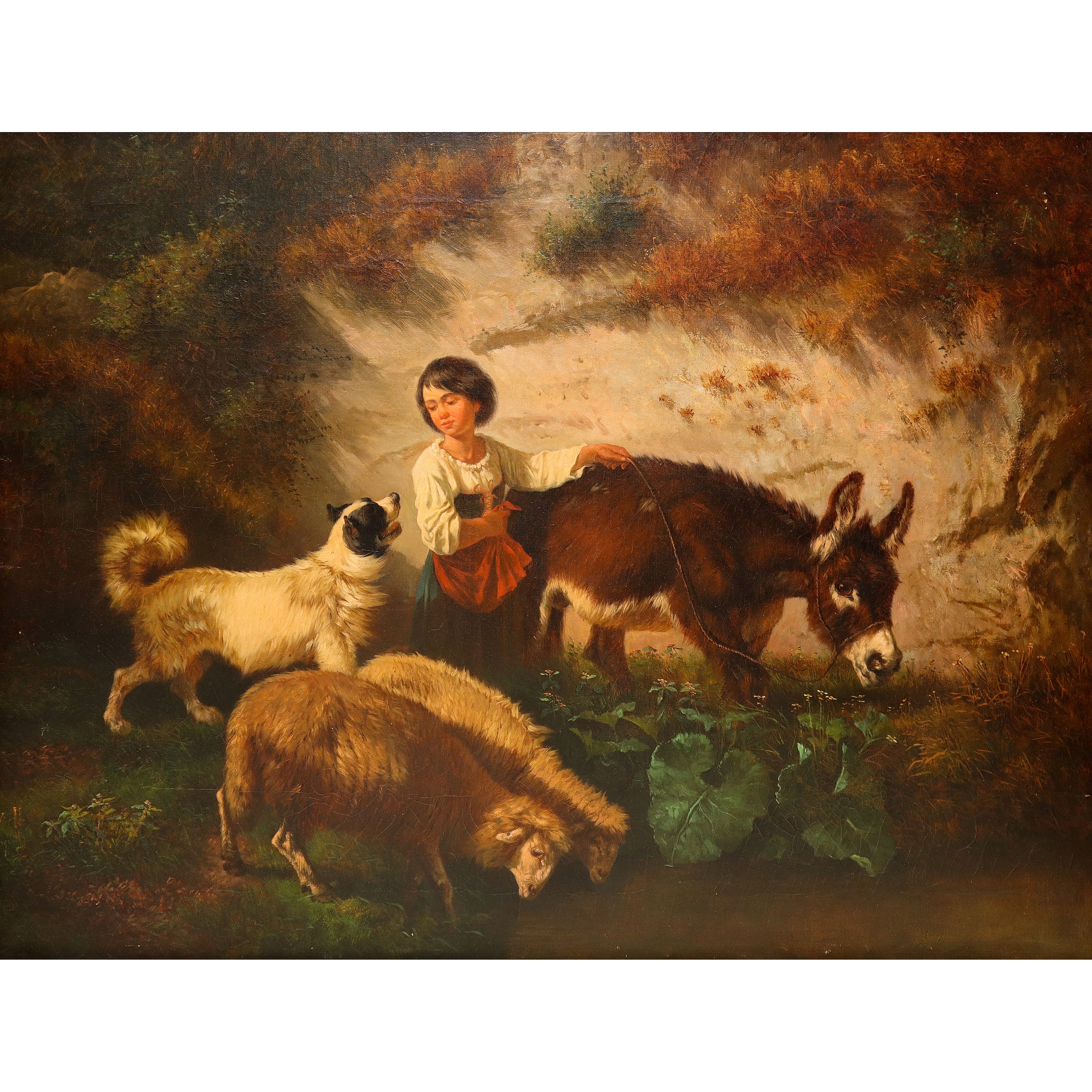Giovane contadina con asino, pecore e cane