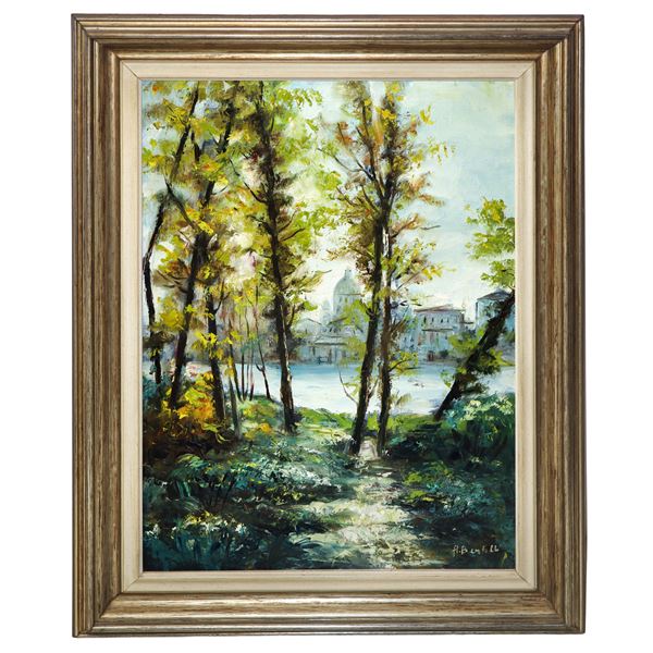 View of a village with a lake and trees
