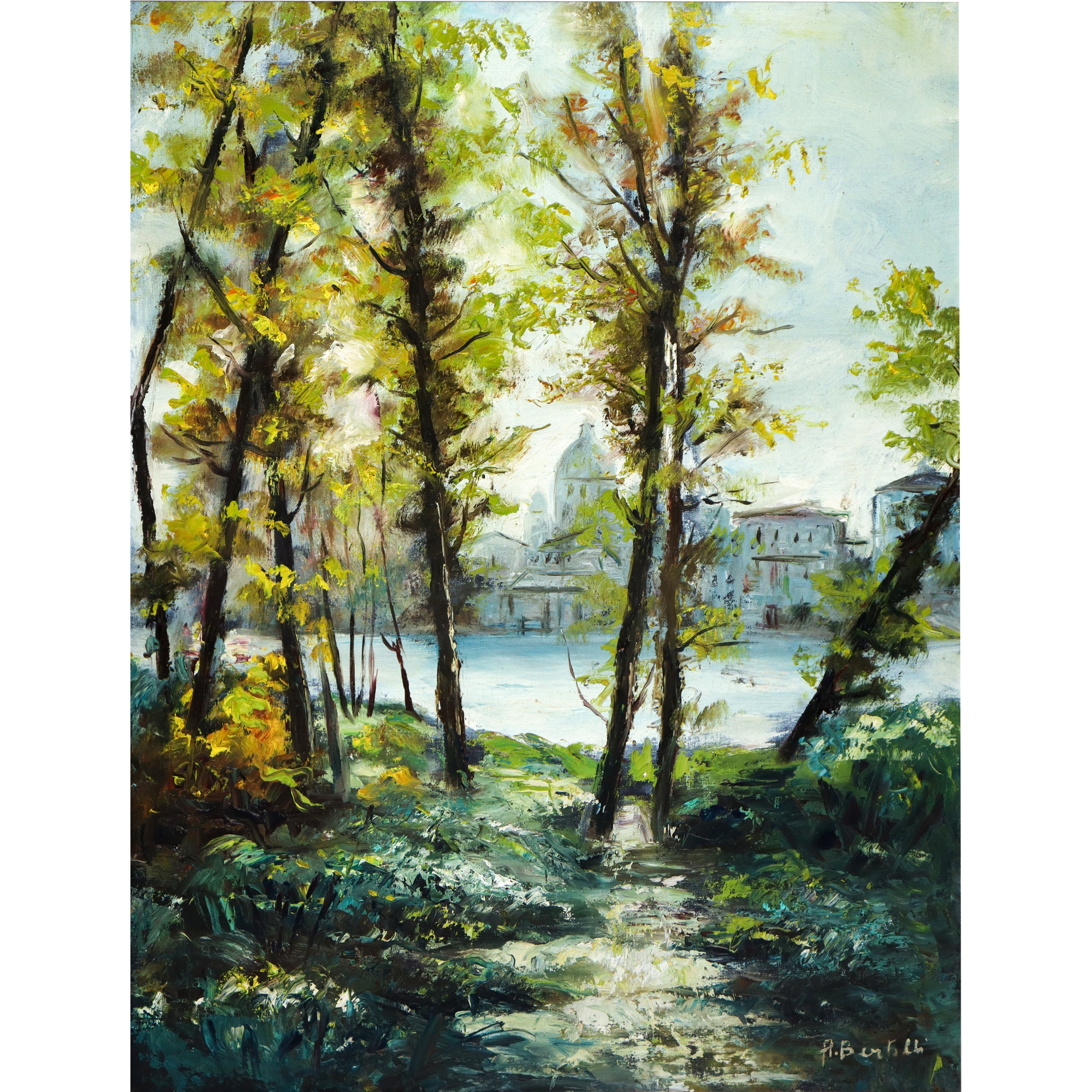 Veduta di Paese con Specchio D'acqua e Alberi