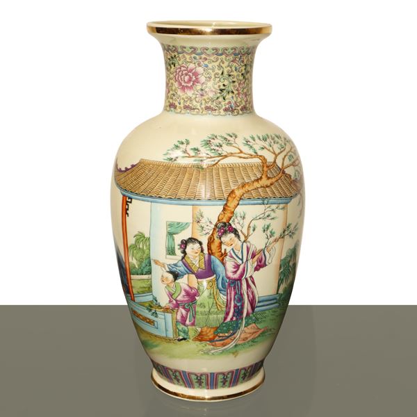 Chinese polychrome porcelain vase painted with a genre scene on the front