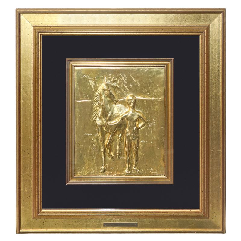 Pablo Picasso, Ragazzo e cavallo (da Picasso) — lastra in argento dorato, 1982
