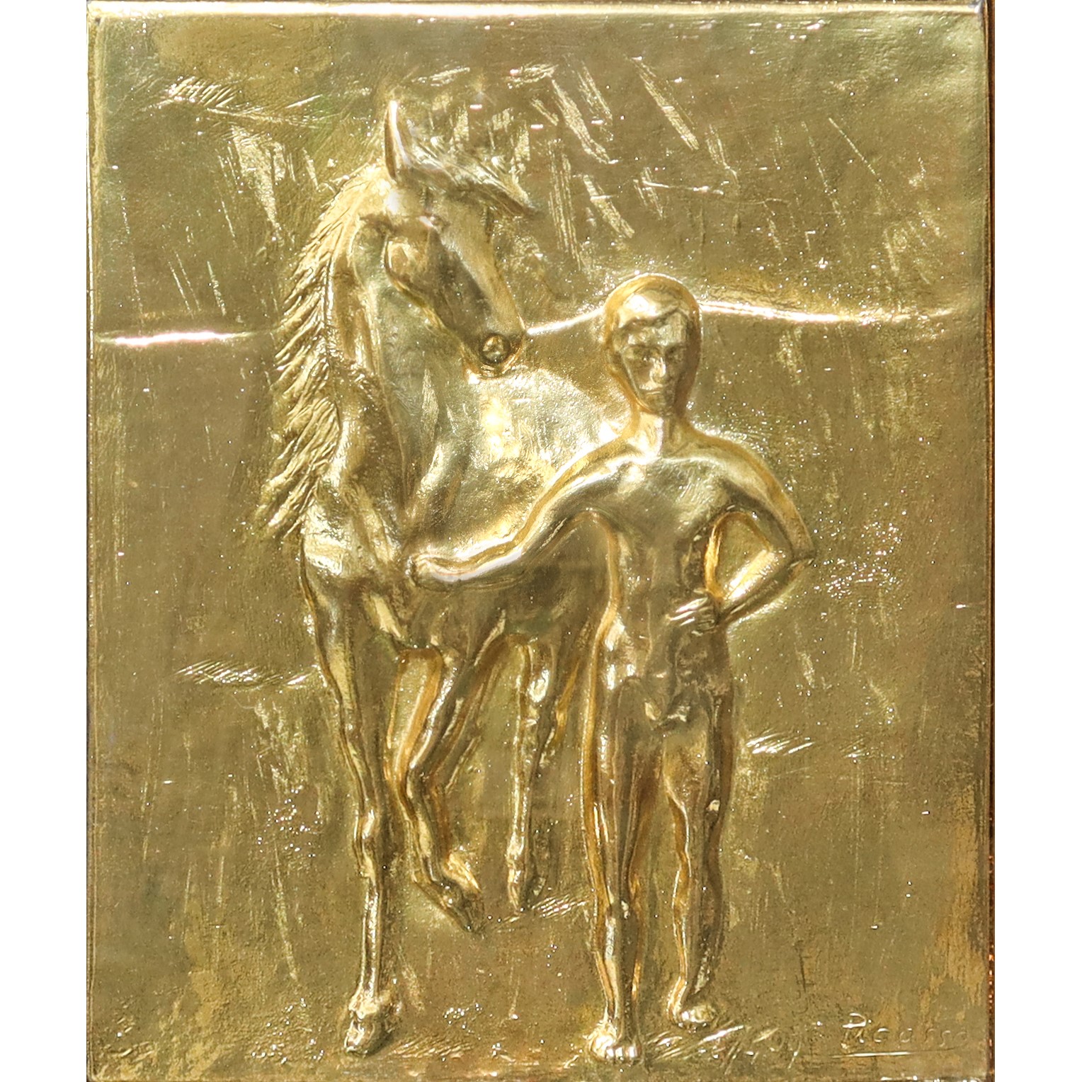 Pablo Picasso, Ragazzo e cavallo (da Picasso) — lastra in argento dorato, 1982