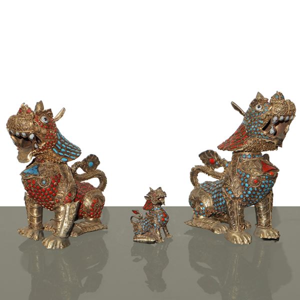 Fo Dogs, brass incense burners with semi-precious stones (coral and turquoise applied)