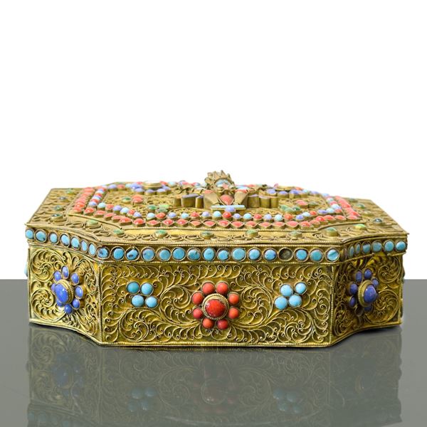Tibetan jewelry box decorated with filigree and stone applications