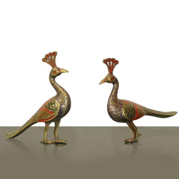 Pair of brass peacocks decorated with polychrome enamels
