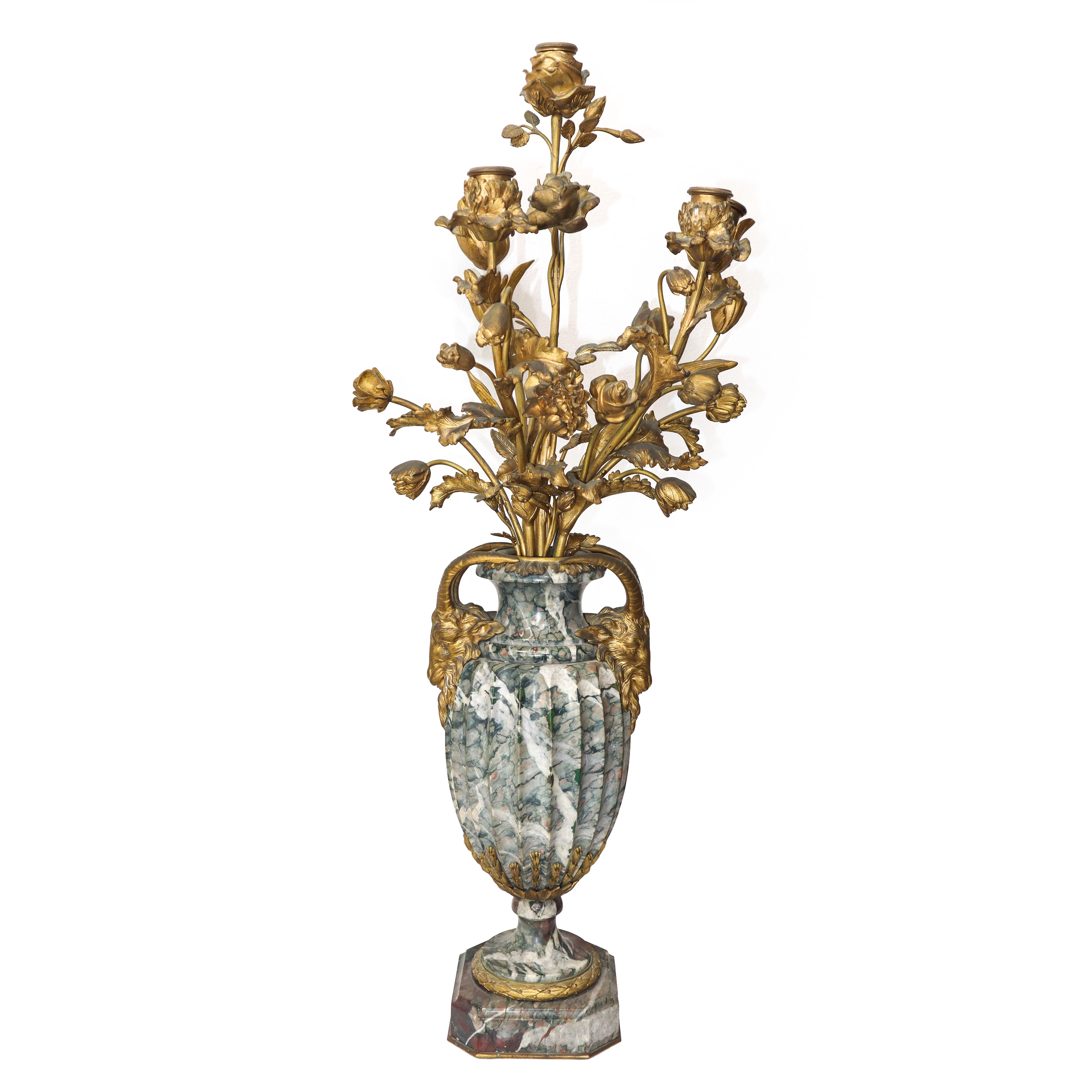 Vasi in marmo con bronzi applicati e candeliere a 5 luci, Vecchia Francia 1850