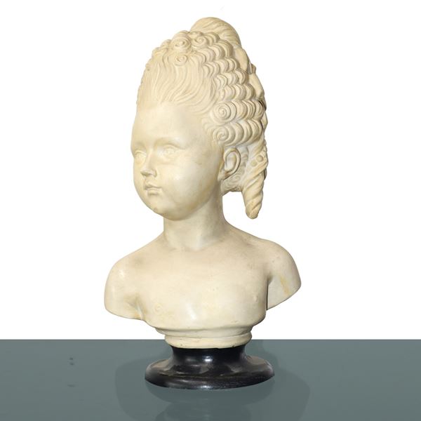 Half-length portrait of a young girl in marble on a wooden base
