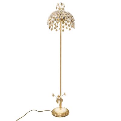 Piantana a 6 Luci in Metallo Dorato e Decori Floreali in Vetro