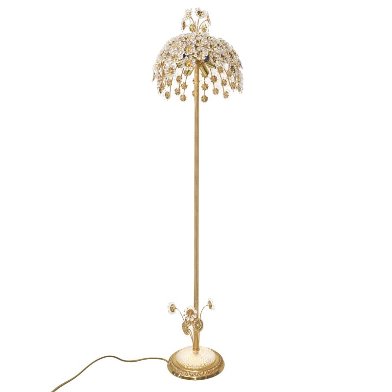 Piantana a 6 luci, metallo dorato con decori floreali in vetro, anni '60