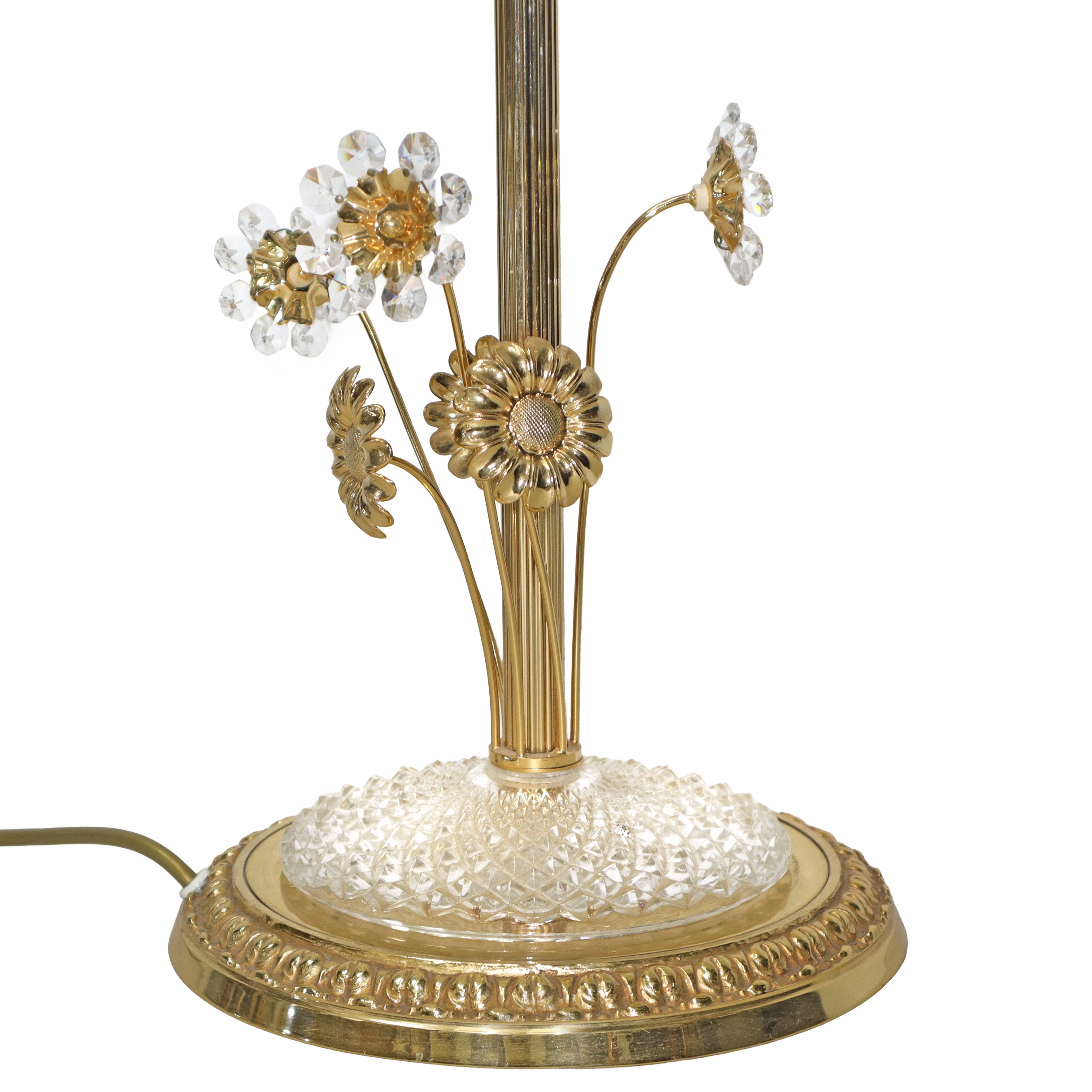 Piantana a 6 luci, metallo dorato con decori floreali in vetro, anni '60