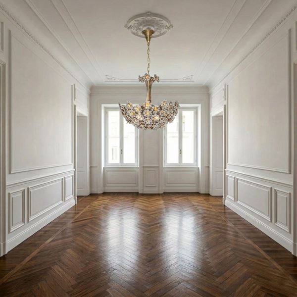 6-light chandelier in gold metal and floral glass decorations