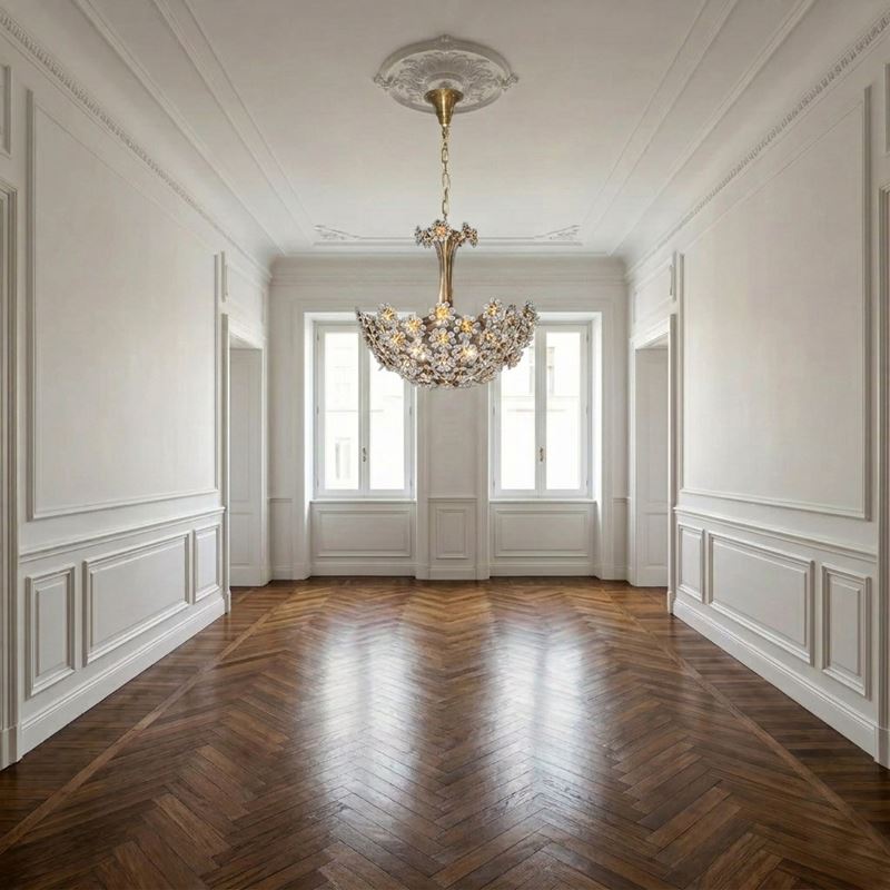 Lampadario a 6 luci in metallo dorato e decori floreali in vetro