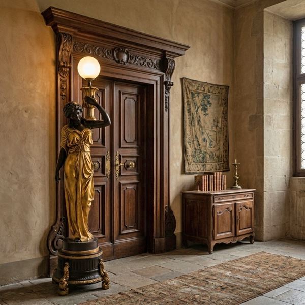 Large floor lamp in the shape of a woman wearing golden clothes