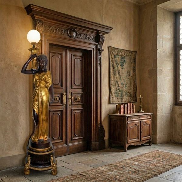 Large floor lamp in the shape of a woman wearing golden clothes