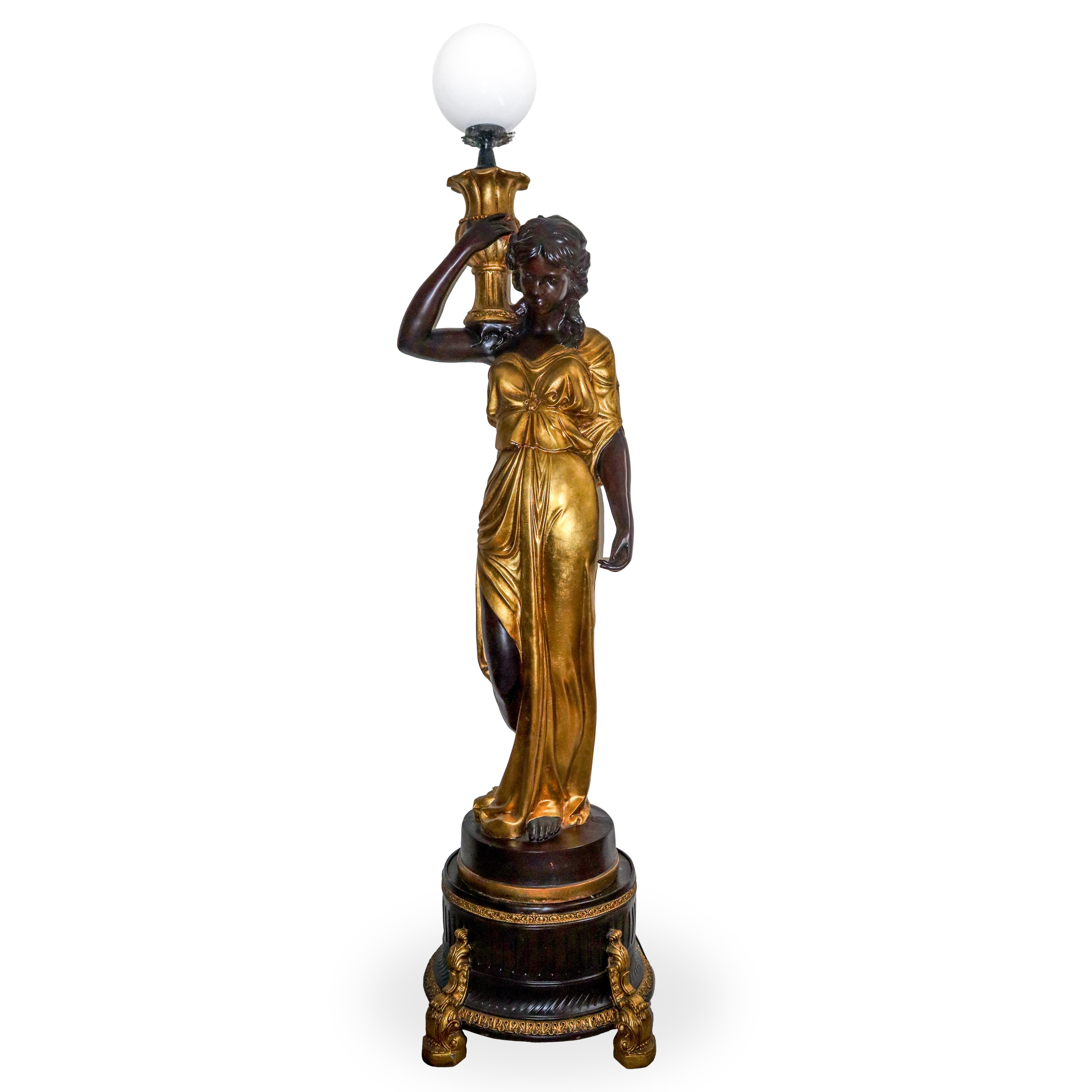 Grande Lampada da Terra in Resina a Guisa di Donna con Abiti Dorati