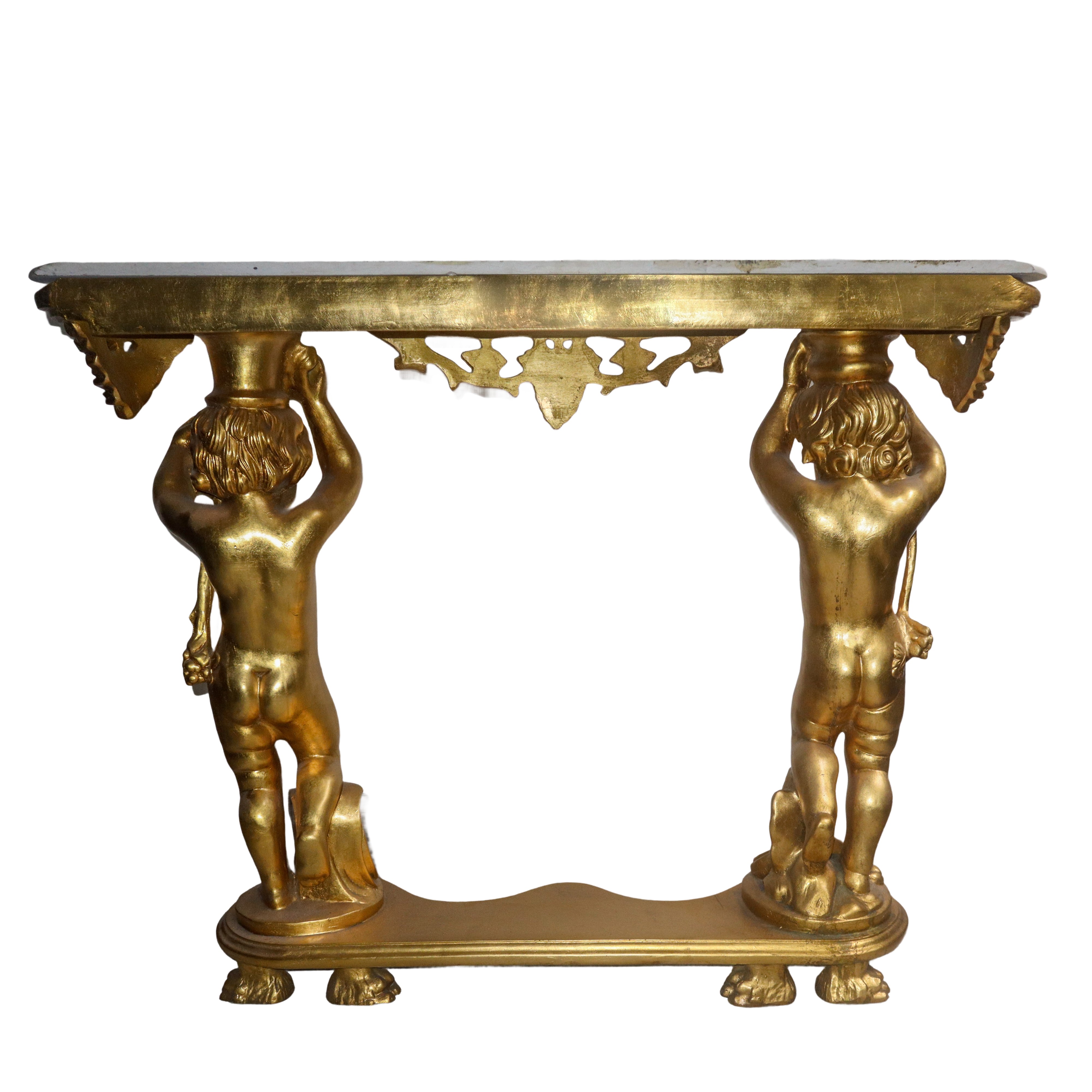 Consolle in legno dorato con piano in marmo bianco sorretto da due putti